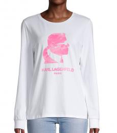 Karl Lagerfeld White Pink Logo Long-Sleeve T-Shirt