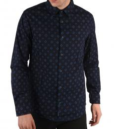 Armani Jeans Navy Blue Denim Argyle-Print Shirt