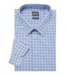 Armani Collezioni Blue Slim-Fit Checker-Print Dress Shirt