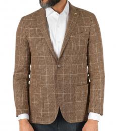 Brown  Cotton  Linen Checked Right Blazer