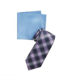 Michael Kors Purple Double Track Check Tie & Pocket Square Set