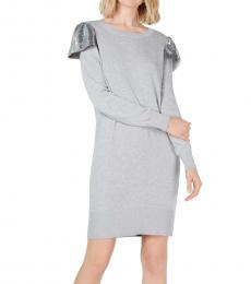 Michael Kors Light Grey Sequined-Ruffle Sweater Dress