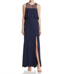 BCBGMaxazria Dark Navy Lace-Inset Illusion Formal Dress
