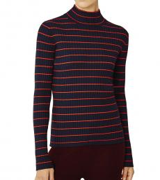 Tory Burch Navy Blue Striped Ribbed Turtleneck Top