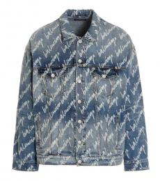 Balenciaga Light Blue All Over Logo Print Denim Jacket