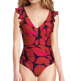 DKNY Red One-Piece Ruched Ruffle Swimsuit