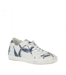 White Blue Leather Printed Sneakers
