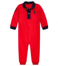 Baby Boys Red Big Pony Mesh Polo Coverall