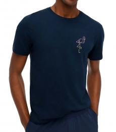 Dark Blue Neon Flamingo Graphic Cotton T-Shirt