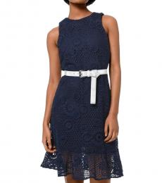 Michael Kors Navy Blue Lace Belted Sleeveless Dress