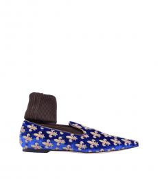Dolce & Gabbana Blue Gold Embroidered Socks Loafers