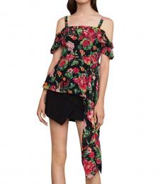 BCBGMaxazria Black/Multi Floral Print OffShoulder Top