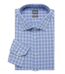 Armani Collezioni Blue Checker-Print Slim-Fit Dress Shirt