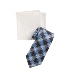 Michael Kors Blue Double Track Check Tie & Pocket Square Set