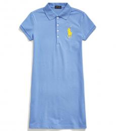 Ralph Lauren Girls Harbor Island Blue Stretch Mesh Polo Dress