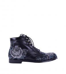 Black Grey Embroidered Boots