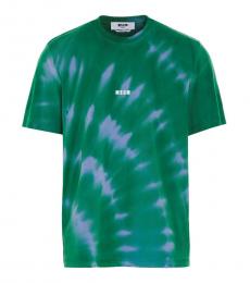 MSGM Dark Green Tie Dye Logo T-Shirt