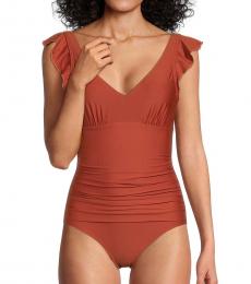 DKNY Brown One-Piece Ruched Ruffle Swimsuit