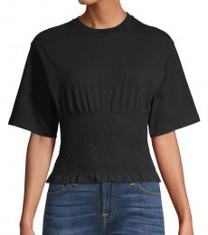 Rebecca Minkoff Black Shirred Short-Sleeve Cotton Top