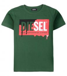Diesel Boys Green Logo Printed T-Shirt