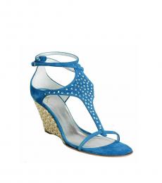 Blue Beaded Ankle Strap Wedges
