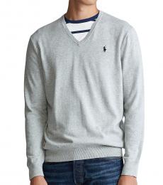 Ralph Lauren Light Grey Cotton V-Neck Sweater