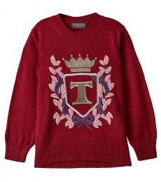 Girls Red Embroidered Crewneck Sweater