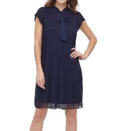 DKNY Spring Navy Pleated Tie-Neck Shift Dress