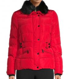 Red Fur-Collar Belted Jacket