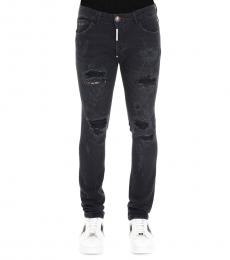 Philipp Plein Black Super Straight Cut Destroyed Jeans
