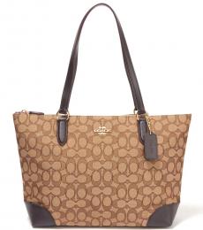 Coach Khaki/Brown Top Zip Large Tote