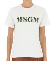MSGM White Floral Embroidered Logo T-Shirt