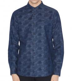 Dark Blue  Classic Collar Leaf-Print Shirt