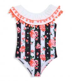 Betsey Johnson Baby Girls Black & White Pom-Pom One-Piece Swimsuit