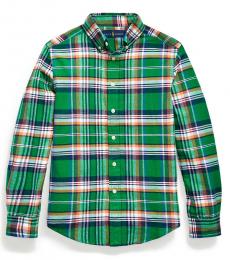 Ralph Lauren Boys Green/Orange Plaid Cotton-Linen Shirt