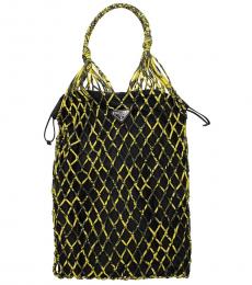 Prada Black Yellow Mesh Net Large Bucket Bag
