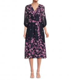 DKNY Multicolor Floral Belted Midi Dress