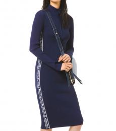 Michael Kors Navy Blue Logo Tape Ribbed Knit Zip Dress