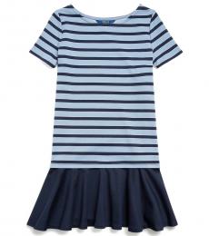 Ralph Lauren Girls Blue Striped Stretch Ponte Dress