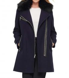 Karl Lagerfeld Navy Blue Faux Fur-Trim Asymmetrical-Zip Coat