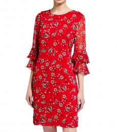 Karl Lagerfeld Red Printed Chiffon Sheath Dress