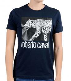 Roberto Cavalli Blue Graphic Leopard Crewneck T-Shirt