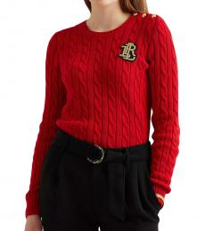 Ralph Lauren Lipstick Red Button-Trim Cable-Knit Sweater
