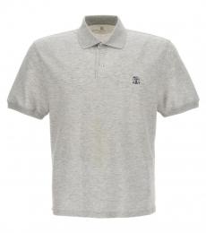 Brunello Cucinelli Grey Logo Print Polo Shirt