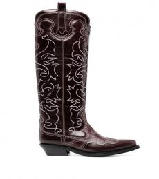 Ganni Maroon Embroidered Leather Western Boots